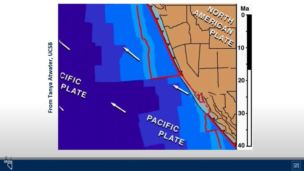 Still of an animation showing how Nevada has been stretched apart in geologic history as the Pacific and North American plates move. (Courtesy: Tanya Atwater, UCSB)