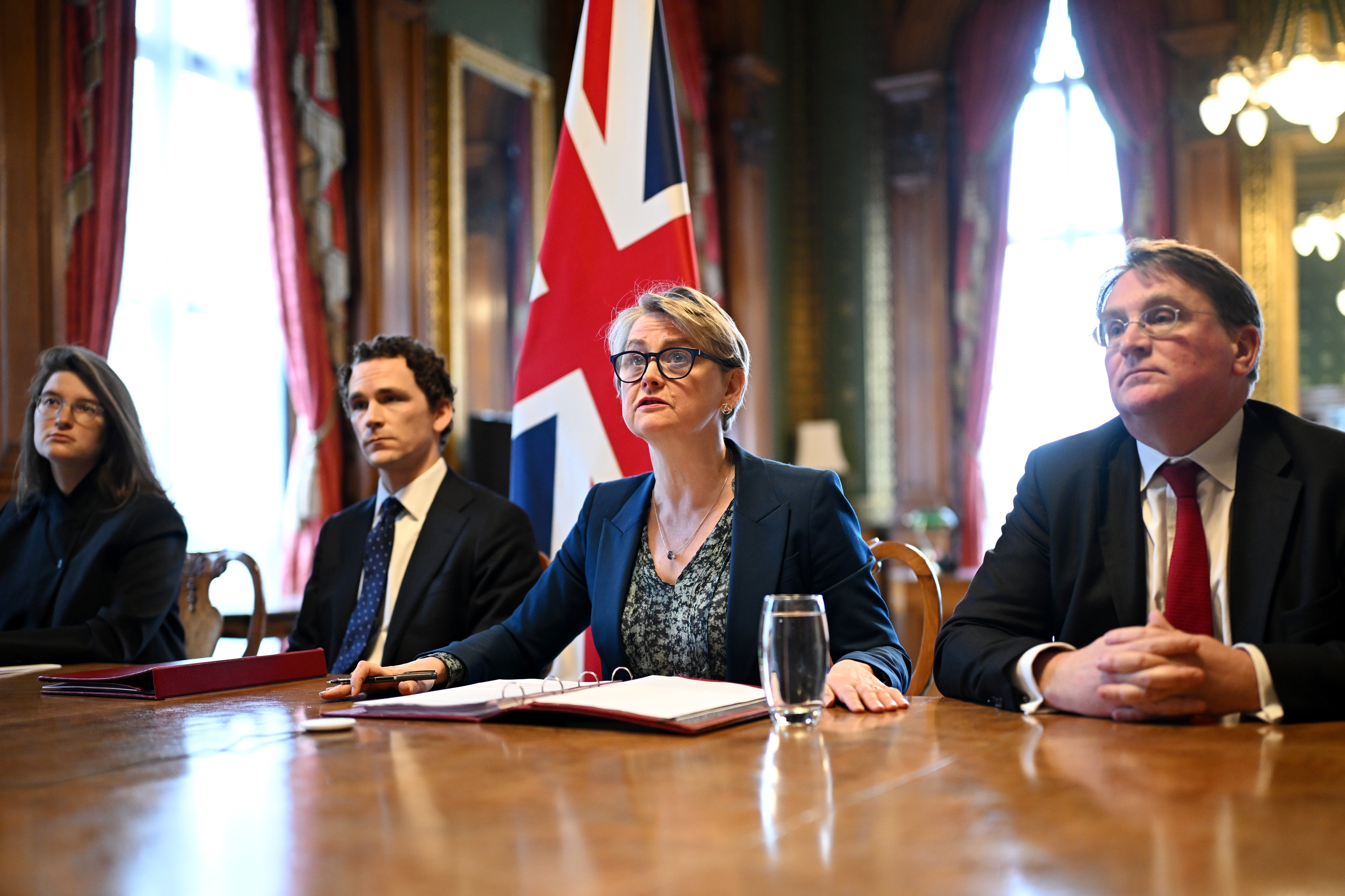 Foreign Secretary Yvette Cooper (centre) hosts a virtual meeting at the Foreign, Commonwealth and Development Office in Westminster (Leon Neal/PA)