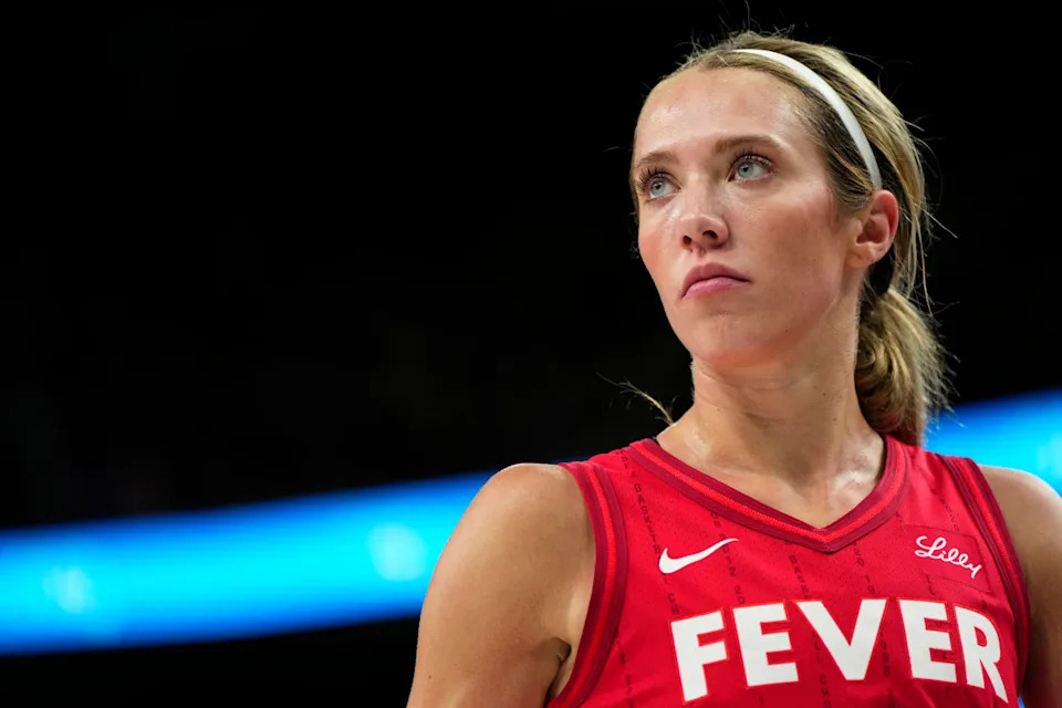Indiana Fever guard Lexie Hull looks on during a game.Lucas Peltier-Imagn Images