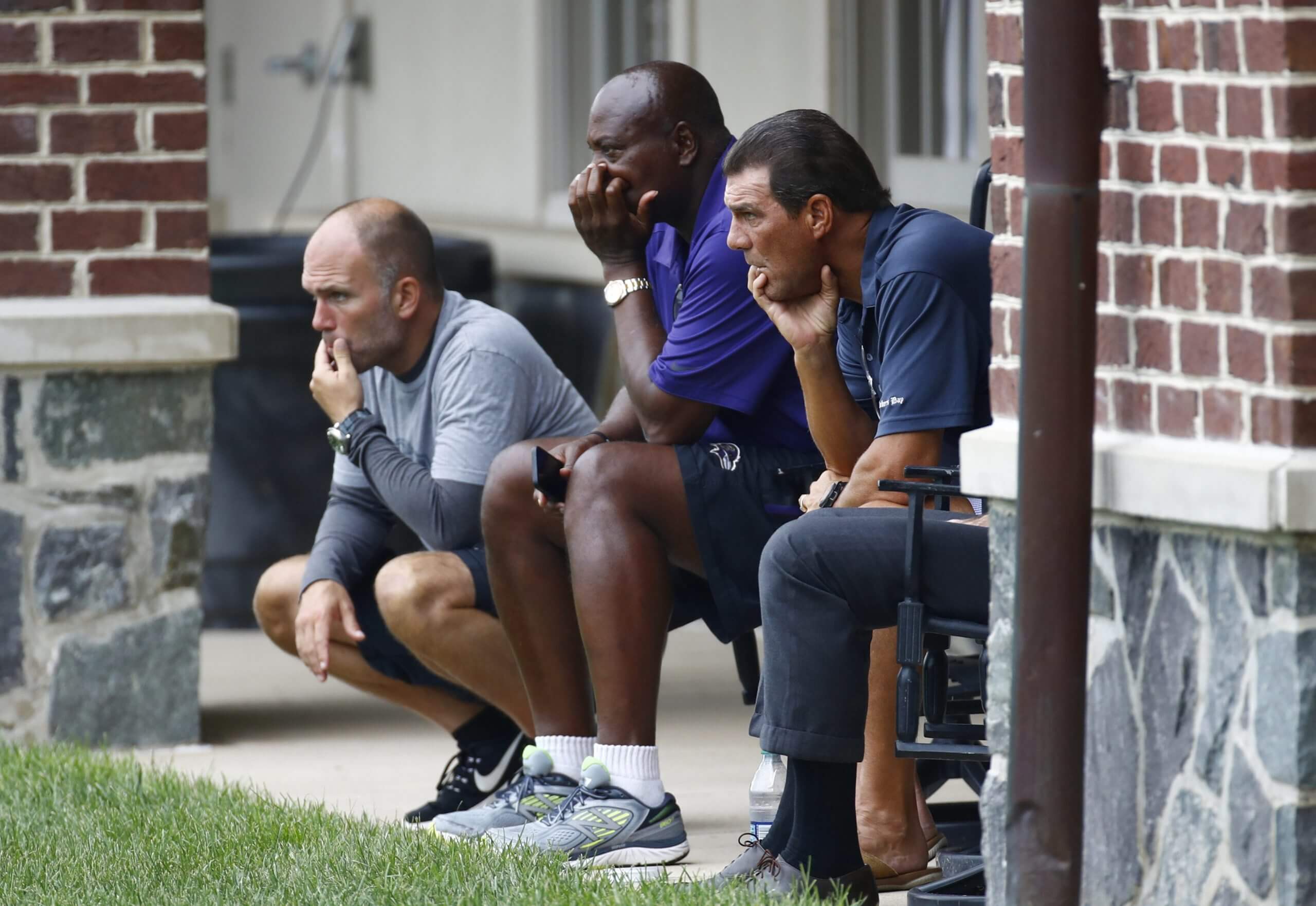 Eric DeCosta, legendary Ravens GM Ozzie Newsome and owner Steve Bisciotti, in a 2017 photo.