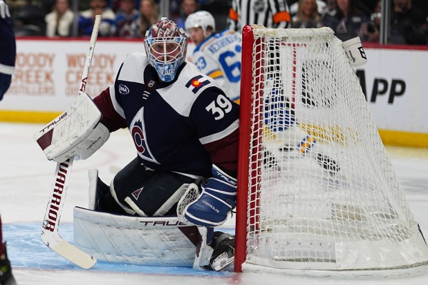 Colorado Avalanche goaltender Mackenzie Blackwood (39) in the second period of an NHL hockey game Wednesday, Dec. 31, 2025, in Denver. (AP Photo/David Zalubowski)