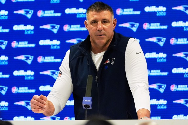 New England Patriots head coach Mike Vrabel talks during a press conference on Thursday, Jan. 29, 2026, in Foxboro. (AP Photo/Charles Krupa)