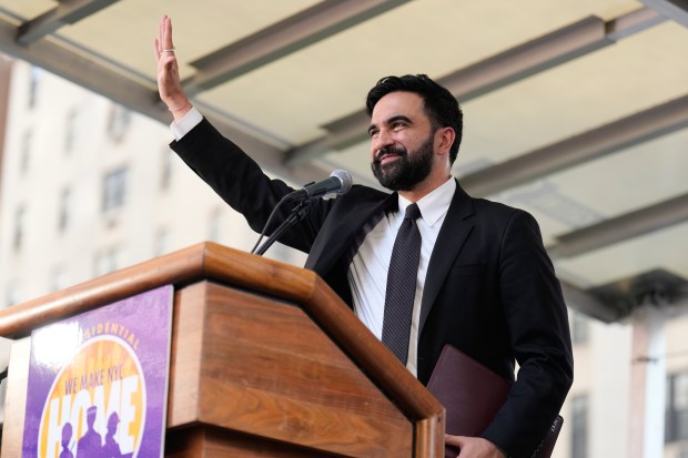 New York City mayor Zohran Mamdani speaks during a union rally on Park Avenue, in New York, Wednesday, April 15, 2026. (AP Photo/Seth Wenig)