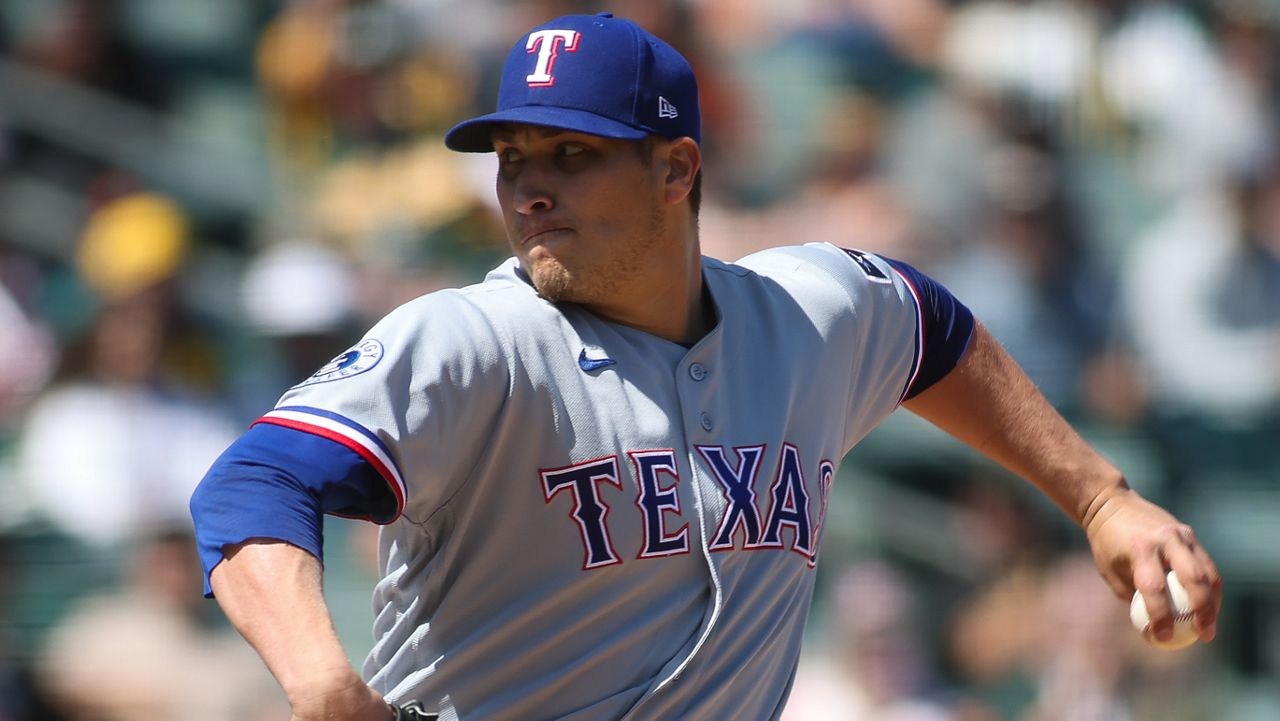 Texas Rangers pitcher Robert Garcia throws to an Athletics batter during the sixth inning of a baseball game Thursday, April 16, 2026, in West Sacramento, Calif. (AP Photo/Scott Marshall)