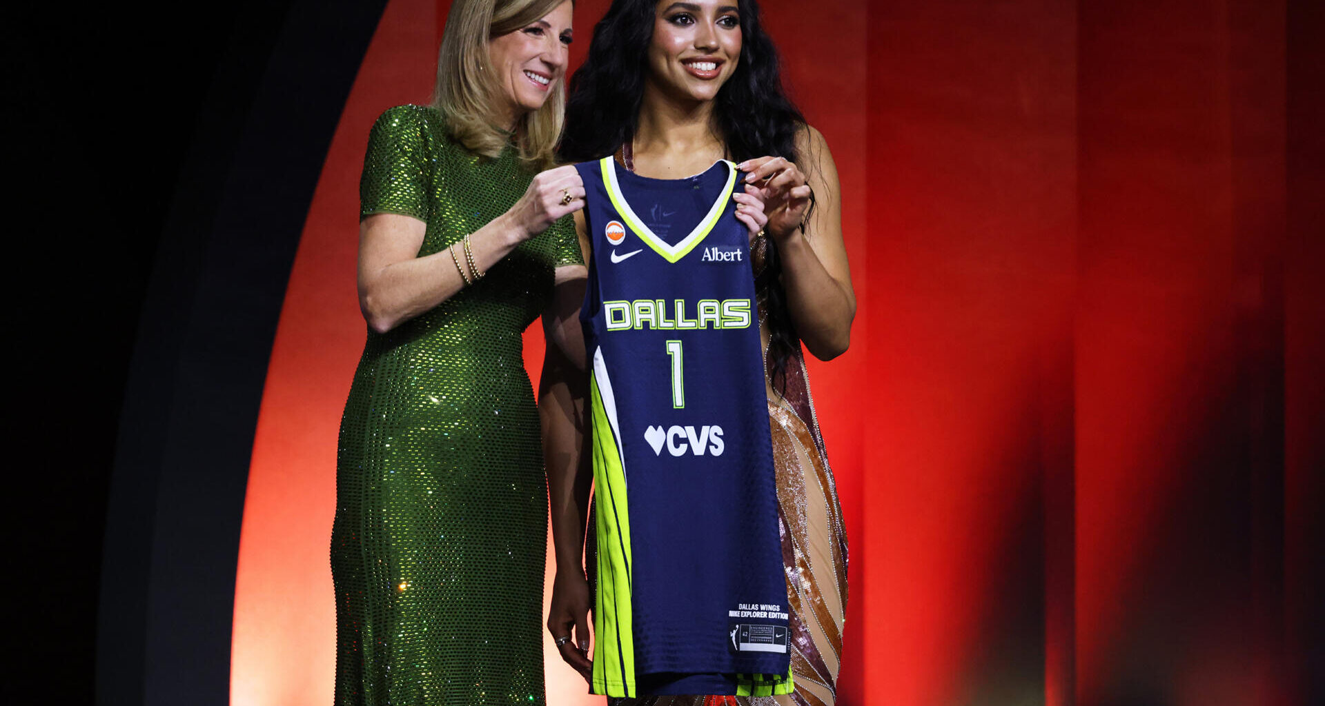 UConn guard Azzi Fudd poses with WNBA commissioner Cathy Engelbert after being selected first overall by the Dallas Wings in the first round of the WNBA basketball draft Monday, April 13, 2026, in New York. (Pamela Smith/AP)