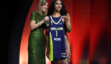 UConn guard Azzi Fudd poses with WNBA commissioner Cathy Engelbert after being selected first overall by the Dallas Wings in the first round of the WNBA basketball draft Monday, April 13, 2026, in New York. (Pamela Smith/AP)