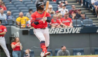 Cleveland Guardians' Bo Naylor watches his two-run home run off Houston Astros starting pitcher Brandon Walter during the second inning of a baseball game, Sunday June 8, 2025, in Cleveland. (AP Photo/Phil Long)