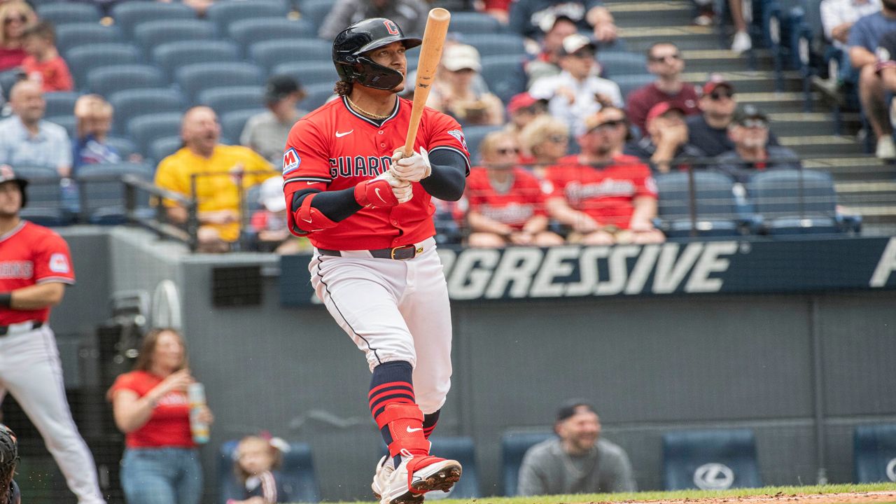 Cleveland Guardians' Bo Naylor watches his two-run home run off Houston Astros starting pitcher Brandon Walter during the second inning of a baseball game, Sunday June 8, 2025, in Cleveland. (AP Photo/Phil Long)