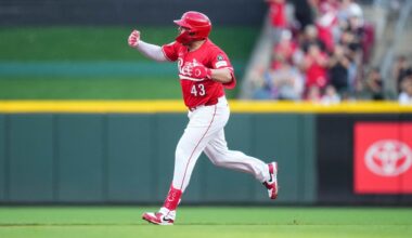 Cincinnati Reds' Sal Stewart reacts as he rounds the bases after hitting a two-run home run during the second inning of a baseball game against the New York Mets, Saturday, Sept. 6, 2025, in Cincinnati. (AP Photo/Jeff Dean)
