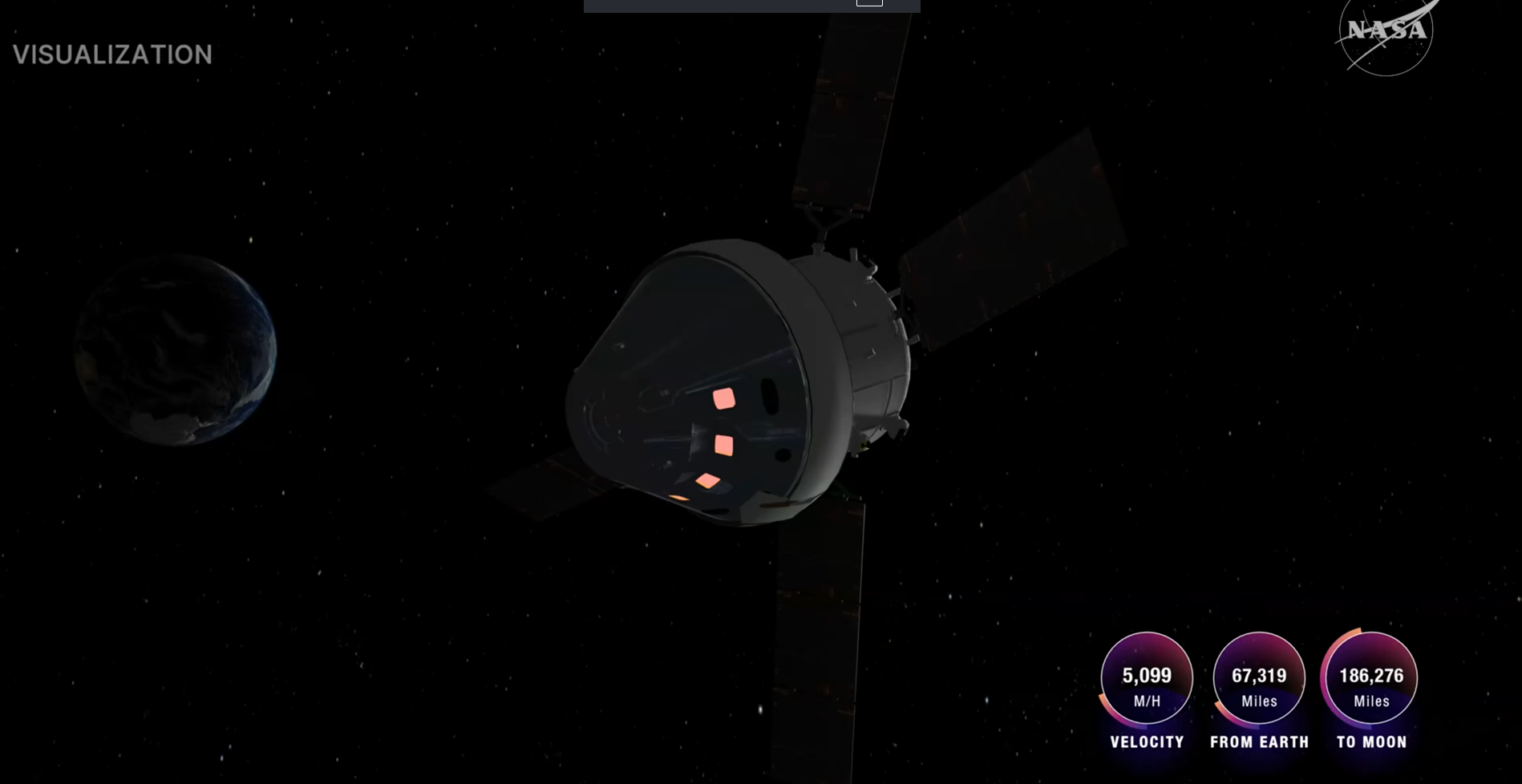 A visualization of the Orion capsule's position in space.