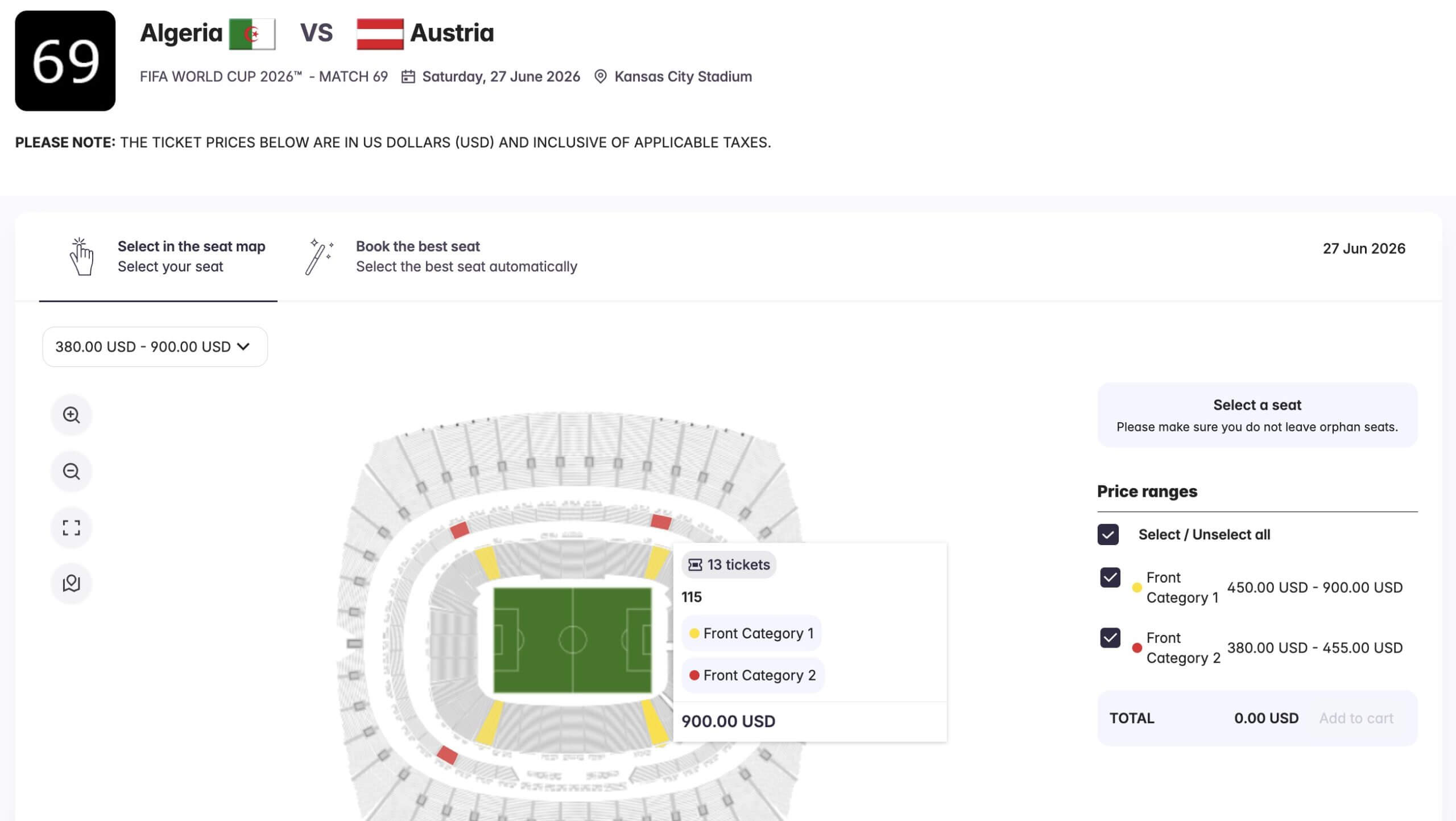 A seating map for Algeria-Austria at the 2026 World Cup