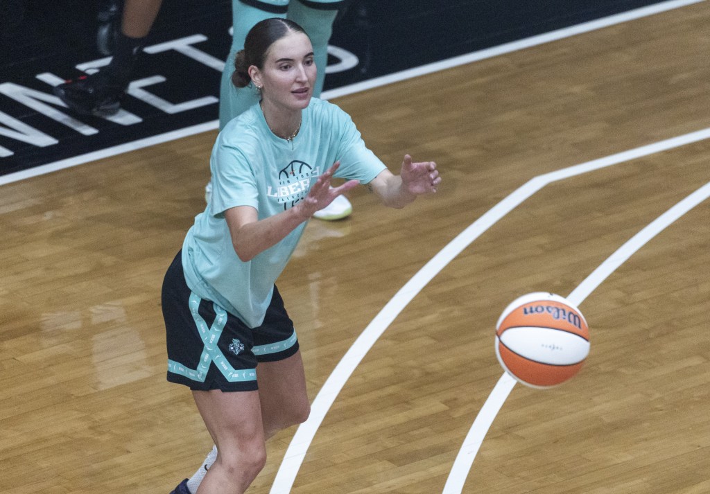 Anneli Maley grabs a pass during the Liberty's training camp  on April 21, 2026 at Barclays Center.