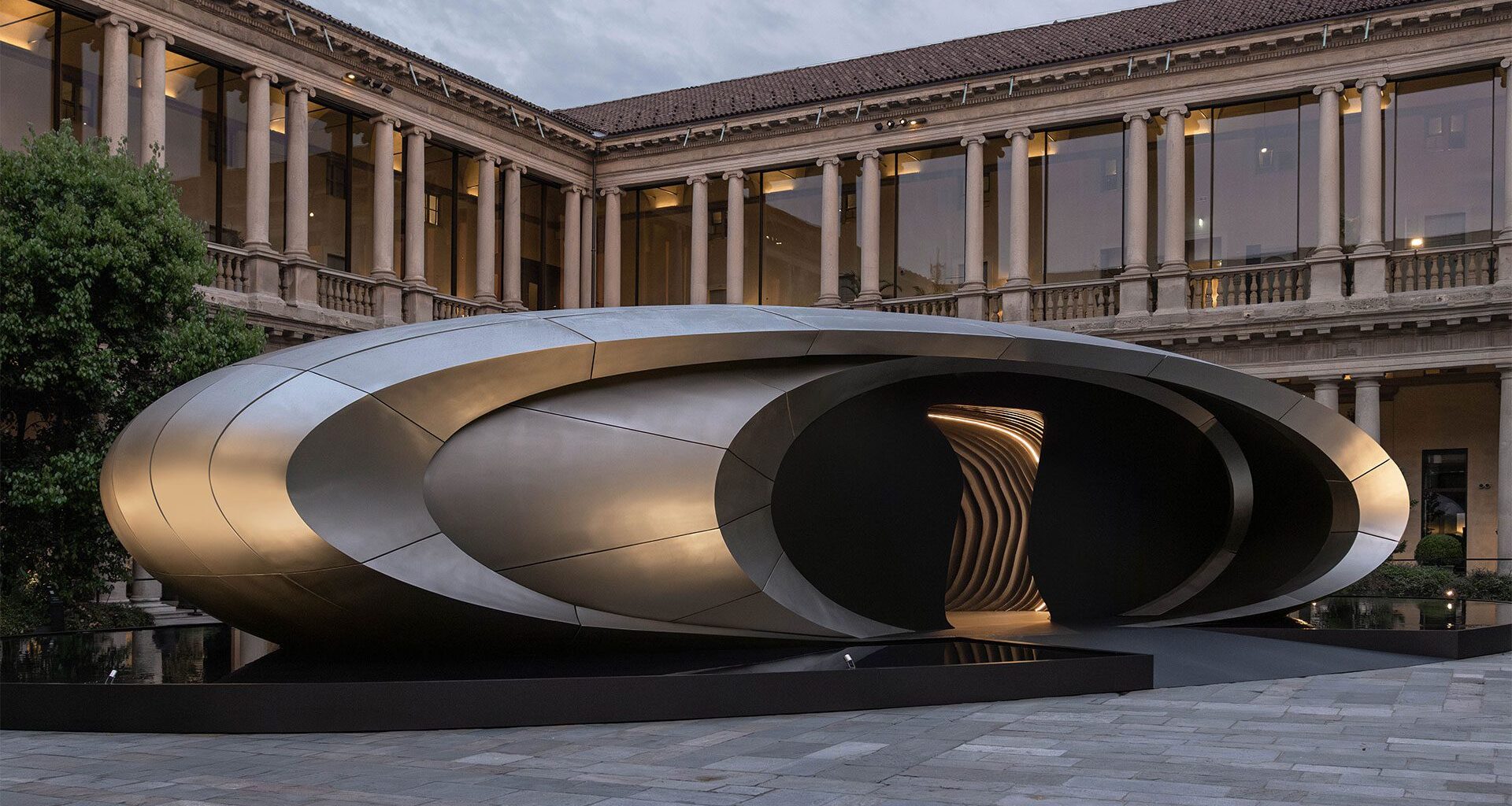 Silver curved installation