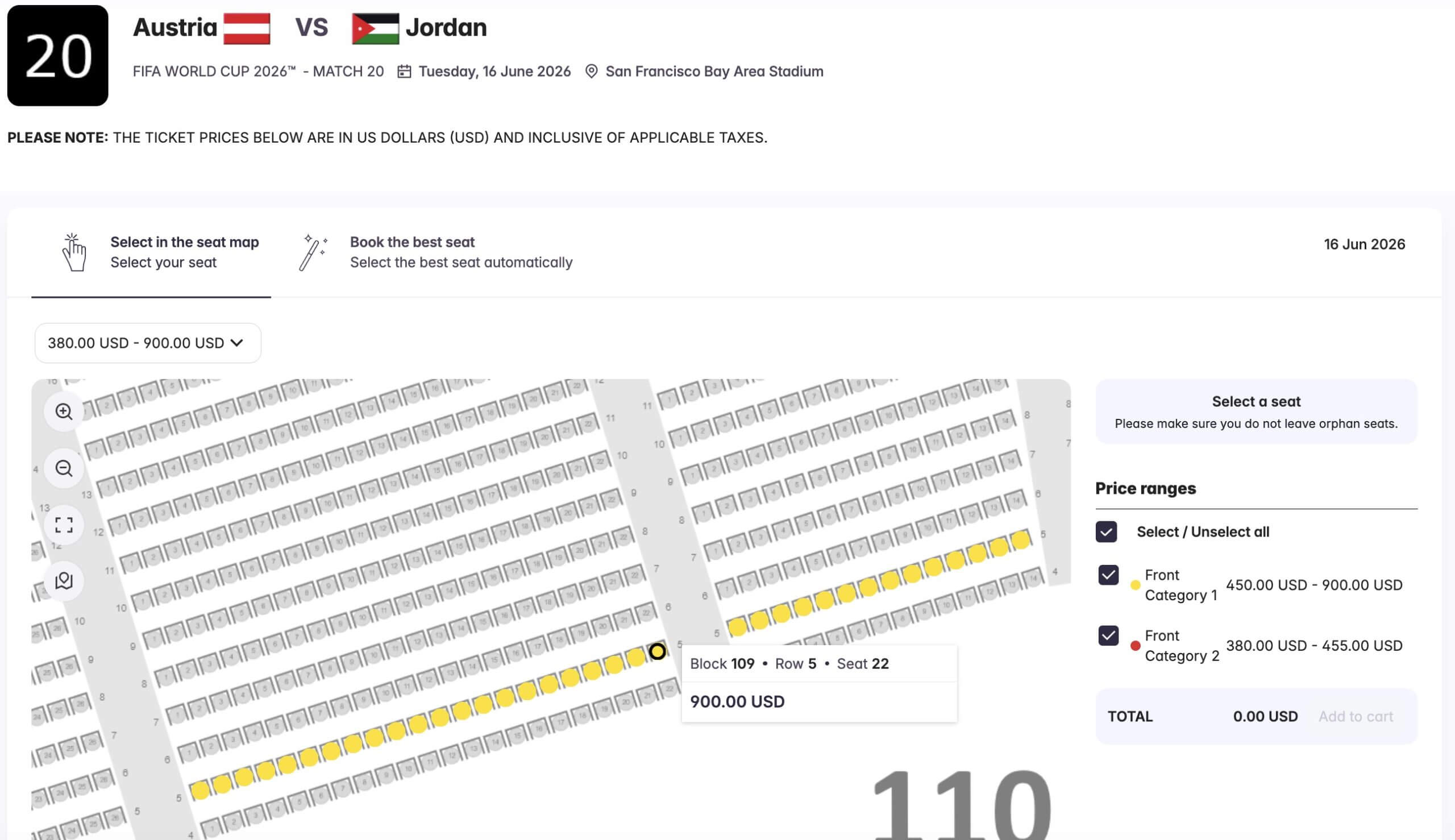 A seating map for Austria-Jordan at the 2026 World Cup
