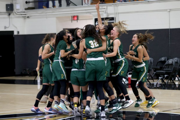 SAN JOSE, CA - JUNE 11: Pinewood players celebrate after defeating Archbishop Mitty 50-48 in a Central Coast Section Open Division girls basketball final in San Jose, Calif., on Friday, June 11, 2021. (Anda Chu/Bay Area News Group)