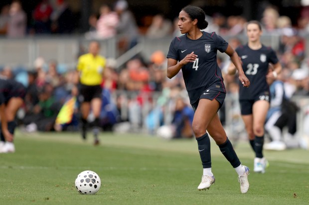 United States' Naomi Girma (4) looks to pass against Japan during the first half of an international friendly soccer match at PayPal Park in San Jose, Calif., Saturday, April 11, 2026. (Ray Chavez/Bay Area News Group)