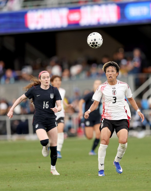 United States' Rose Lavelle (16) pressures Japan's Moeka Minami (3) during the second half of an international friendly soccer match at PayPal Park in San Jose, Calif., Saturday, April 11, 2026. (Ray Chavez/Bay Area News Group)