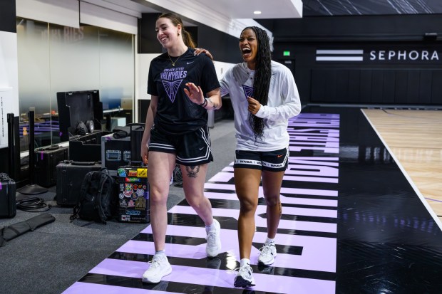WNBA draft picks Marta Suarez, from left, and Ashlon Jackson share a laugh before attending a press conference held at the Sephora Performance Center in Oakland, Calif., on Friday, April 17, 2026. (Jose Carlos Fajardo/Bay Area News Group)