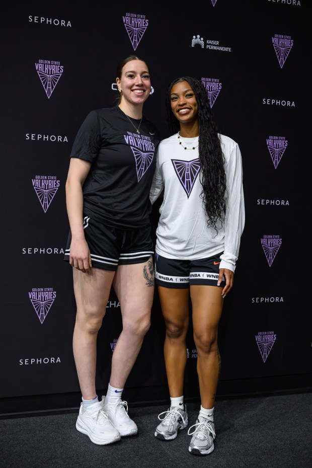 WNBA draft picks Marta Suarez, from left, and Ashlon Jackson pose for a photograph during a press conference held at the Sephora Performance Center in Oakland, Calif., on Friday, April 17, 2026. (Jose Carlos Fajardo/Bay Area News Group)
