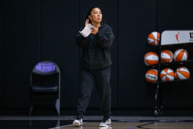 Golden State Valkyries head coach Natalie Nakase claps while watching her players practice during the team's first day of training camp at the Sephora Performance Center in Oakland, Calif., on Sunday, April 19, 2026. (Jose Carlos Fajardo/Bay Area News Group)