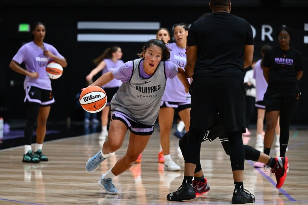 Golden State Valkyries' Kaitlyn Chen (2) runs drills during the team's first day of training camp at the Sephora Performance Center in Oakland, Calif., on Sunday, April 19, 2026. (Jose Carlos Fajardo/Bay Area News Group)