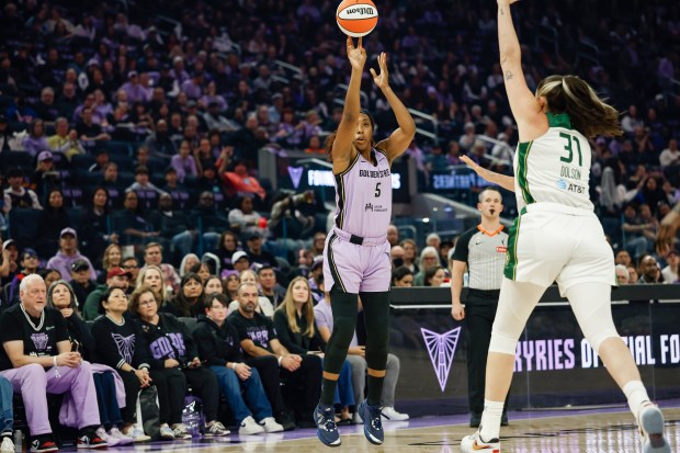 Golden State Valkyries' Kayla Thornton (5) takes a shot against Seattle Storm's Stefanie Dolson (31) in the first quarter of a preseason game at Chase Center in San Francisco, Calif., on Saturday, April 25, 2026. (Shae Hammond/Bay Area News Group)
