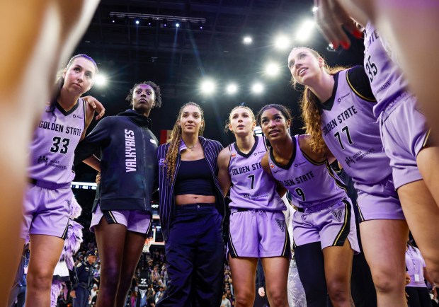 The Golden State Valkyries huddle after winning against the Seattle Storm in a preseason game at Chase Center in San Francisco, Calif., on Saturday, April 25, 2026. (Shae Hammond/Bay Area News Group)