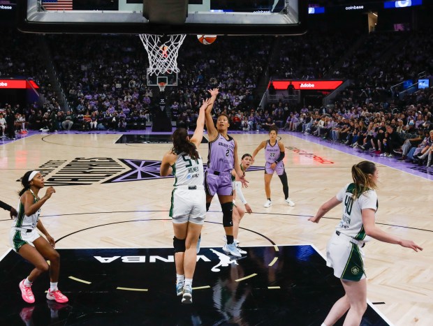 Golden State Valkyries' Kaitlyn Chen (2) takes a shot against Seattle Storm's Jade Melbourne (5) in the first half at Chase Center in San Francisco, Calif., on Saturday, April 25, 2026. (Shae Hammond/Bay Area News Group)
