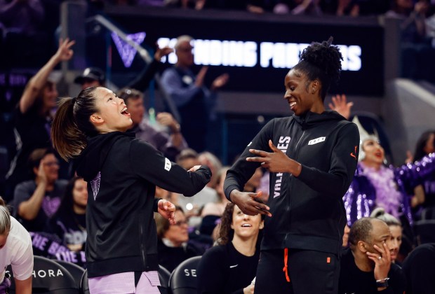Golden State Valkyries' Kaitlyn Chen (2) and Golden State Valkyries' Laeticia Amihere (3) celebrate during a preseason game against the Seattle Storm at Chase Center in San Francisco, Calif., on Saturday, April 25, 2026. (Shae Hammond/Bay Area News Group)