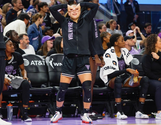 Valkyries' Kaitlyn Chen (2) celebrates during a game against the Dallas Wings in the third quarter at the Chase Center in San Francisco, Calif., on Friday, July 25, 2025. (Shae Hammond/Bay Area News Group)