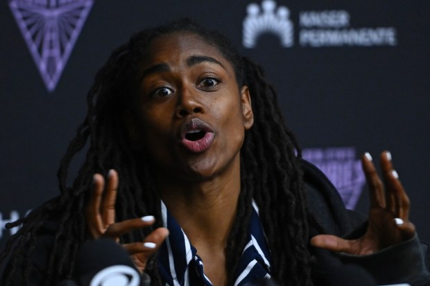 Golden State Valkyrie's Tiffany Hayes (15) answers questions from the media during a season ending press conference held at the Sephora Performance Center in Oakland, Calif., on Thursday, Sept. 18, 2025. The Valkyries won 23 games during their inaugural 2025 season, setting a WNBA record for most wins by an expansion team and also clinching a playoff spot. Last night the Valkyries lost to the Minnesota Lynx 75-74 during Game 2 of the first round of the playoffs ending their season. (Jose Carlos Fajardo/Bay Area News Group)