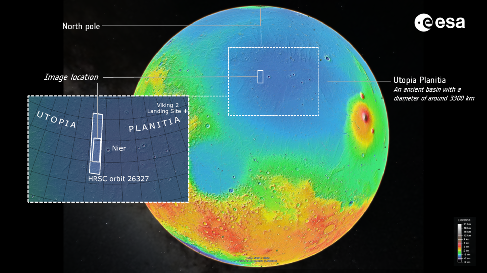 The location of Utopia Planitia on Mars. The inset boxes reveal where the Mars Express images were taken.