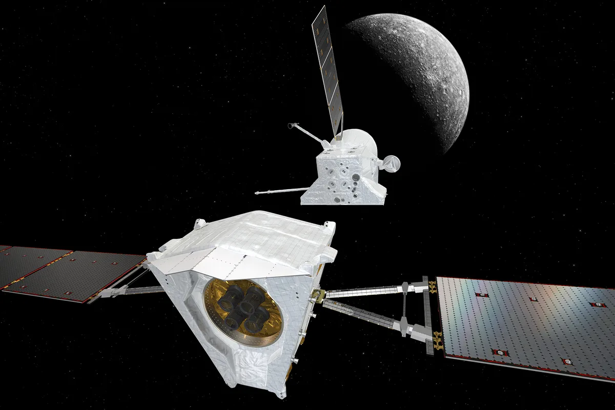 Two spacecraft in front of Mercury