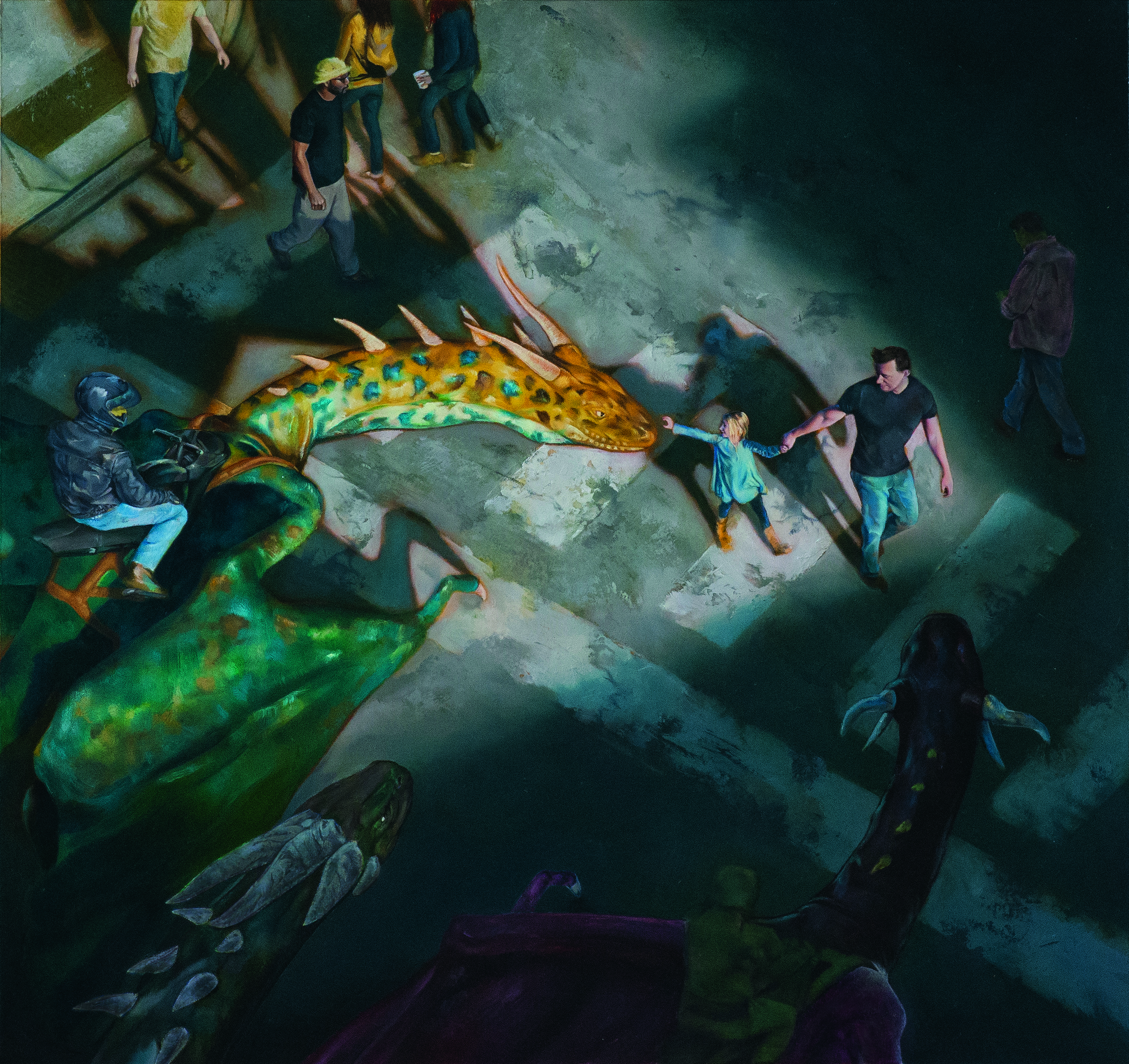 Fantasy art made with oil paints showing a dragon on a street