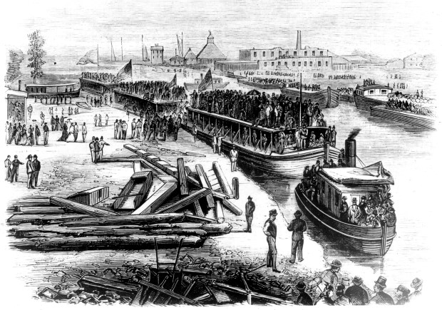 A drawing shows boats full of celebrants as they mark the opening of the Illinois & Michigan Canal in 1848. (Chicago History Museum). (Illinois and Michigan Canal in 1848) Story Slug: canal