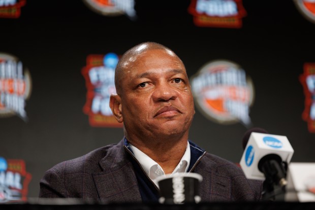 Doc Rivers speaks with members of the press before the Final Four semifinal match between the Illinois Fighting Illini and UConn April 4, 2026, at Lucas Oil Stadium in Indianapolis. (Armando L. Sanchez/Chicago Tribune)