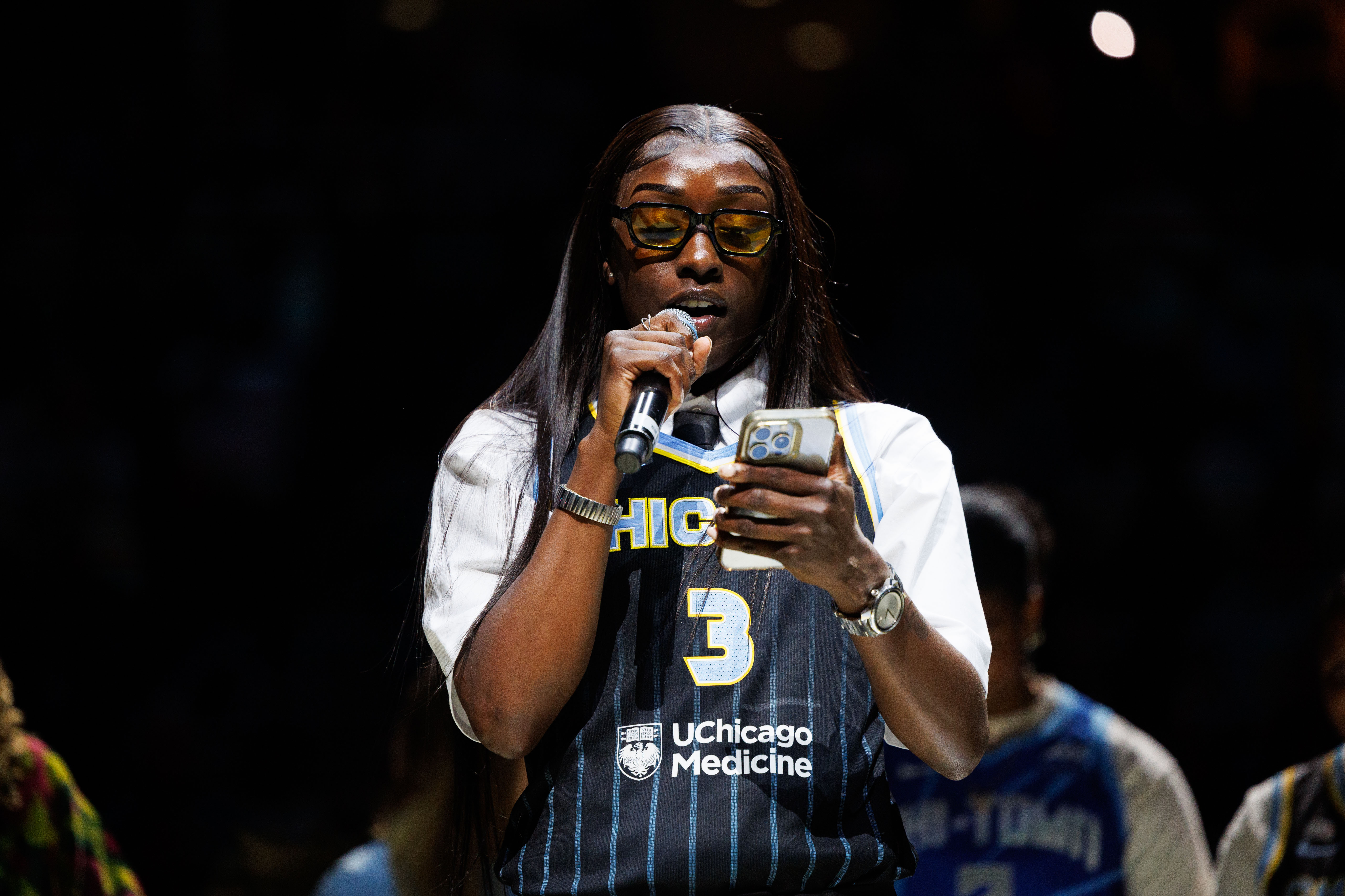 Former Chicago Sky player Kahleah Copper speaks during Candace Parkerâs...