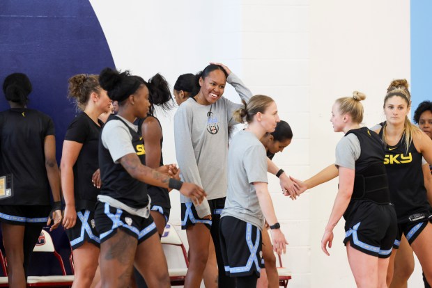 Chicago Sky's Azurá Stevens smiles during practice at UIC Flames Athletic Center on April 20, 2026. (Eileen T. Meslar/Chicago Tribune)