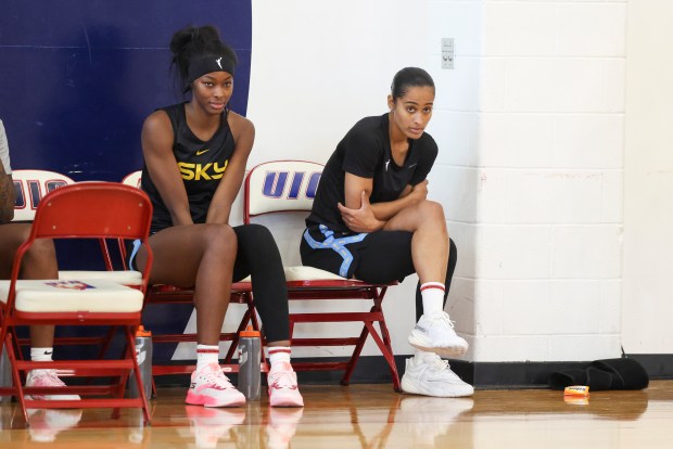 Chicago Sky's Rickea Jackson, left, and Skylar Diggins watch the play during practice at UIC Flames Athletic Center on April 20, 2026. (Eileen T. Meslar/Chicago Tribune)