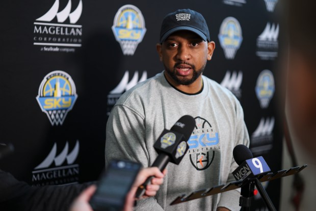 Chicago Sky coach Tyler Marsh answers questions during a press conference after practice at UIC Flames Athletic Center on April 20, 2026. (Eileen T. Meslar/Chicago Tribune)
