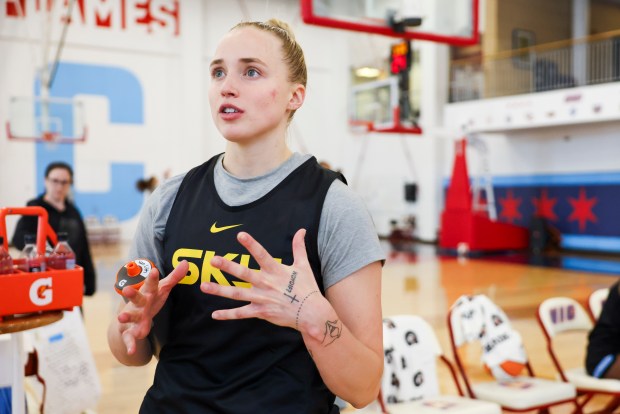 Chicago Sky's Hailey Van Lith answers media questions after practice at UIC Flames Athletic Center on April 20, 2026. (Eileen T. Meslar/Chicago Tribune)