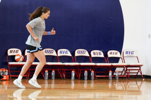 Chicago Sky's Maddy Westbeld on the court at the end of practice at UIC Flames Athletic Center on April 20, 2026. (Eileen T. Meslar/Chicago Tribune)