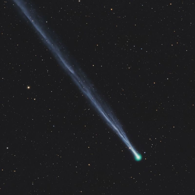 A comet with a bluish head and long, thin tail against background stars.