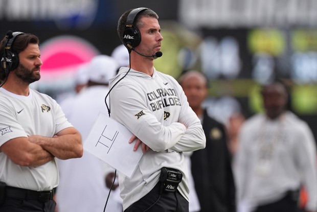 Colorado defensive coordinator Robert Livingston looks on in the second half of an NCAA college football game against Iowa State, Saturday, Oct. 11, 2025, in Boulder, Colo. (AP Photo/David Zalubowski)