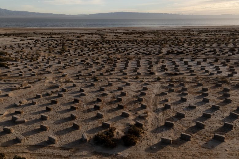 Aerial view of a grid pattern of small rectangular structures in a desert landscape with a distant body of water and mountains.