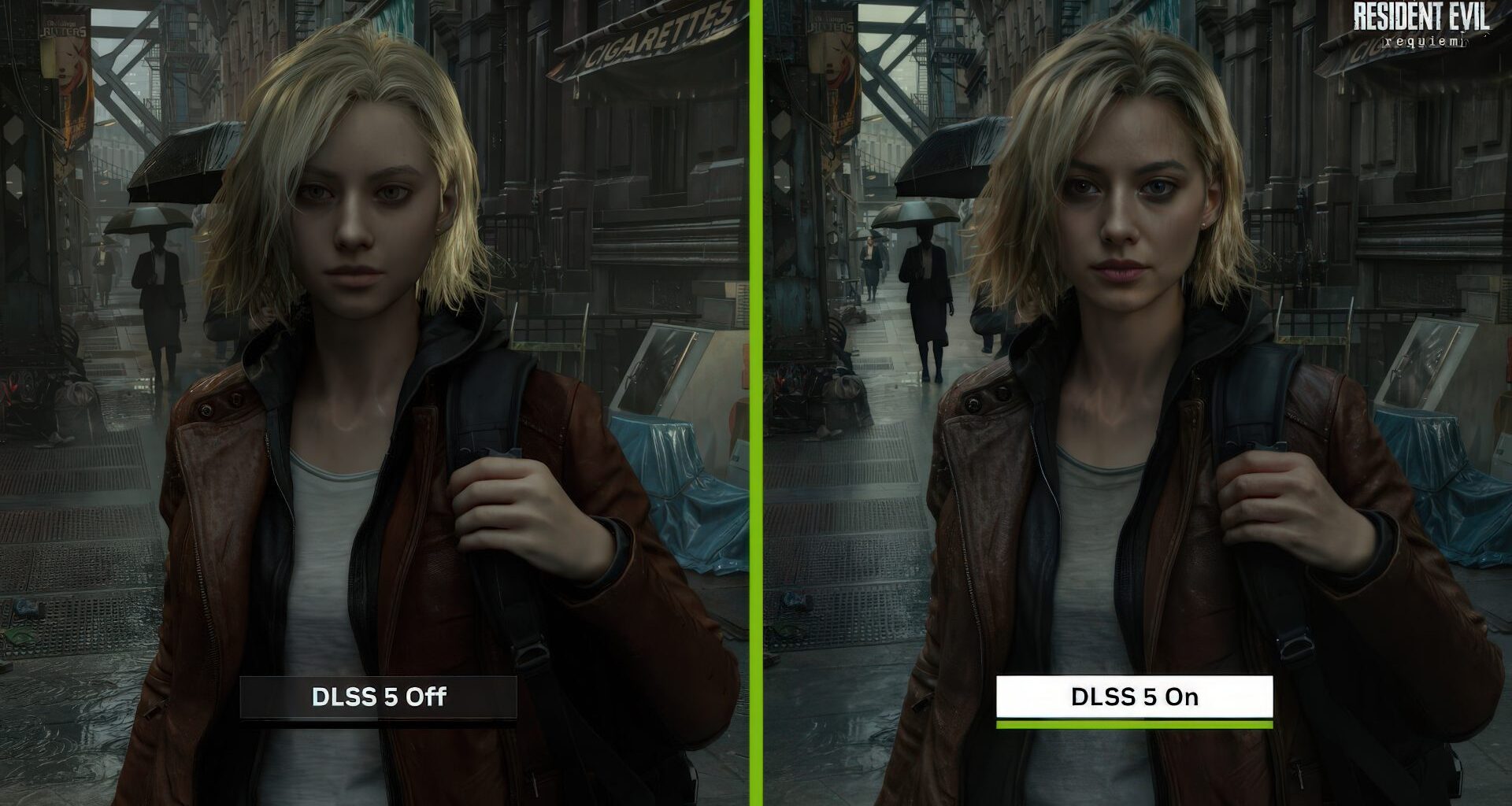 A side-by-side NVIDIA DLSS 5 comparison of a character in 'Resident Evil Requiem' with 'DLSS 5 Off' on the left and 'DLSS 5 On' on the right, showing enhanced visual clarity and detail.