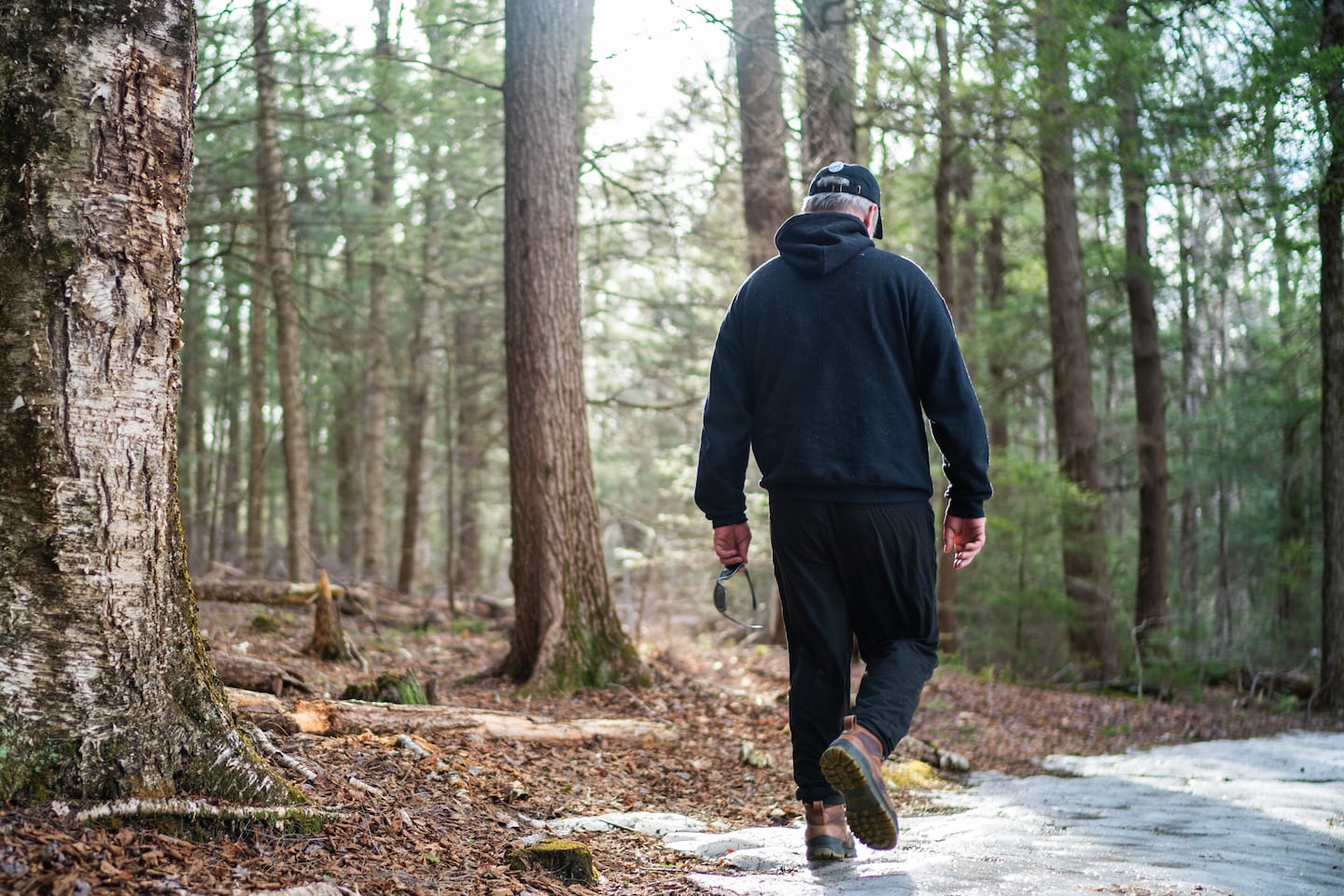 Eric Wasileski, 53, of Pittsfield took a walk through Daughters of the American Revolution State Forest in Goshen on March 30. “We are engaged in a war that will certainly create more veterans, yet we have fewer and fewer people here to care for them.”