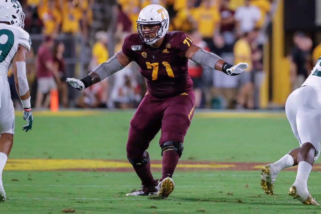 Arizona State Sun Devils offensive lineman Steven Miller (71) blocks during the college football game between the Sacramento State Hornets and the Arizona State Sun Devils on September 6, 2019 at Sun Devil Stadium in Tempe, Arizona. 