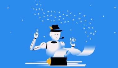 render of a robot typing on a typewriter.