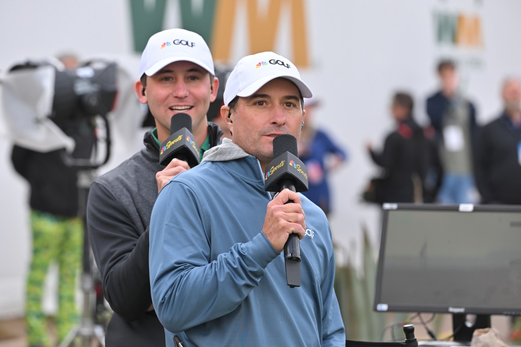 Kevin Kisner and Smylie Kaufman announce for NBC Sports on the 16th hole during the third round of  WM Phoenix Open at TPC Scottsdale (Stadium Course) on February 10, 2024 in Scottsdale, Arizona.